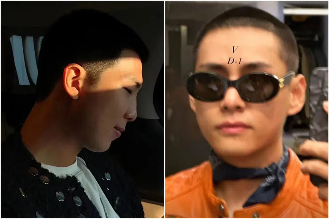 South Korean singers RM (left) and V both entered an army training centre in Nonsan, South Chungcheong Province.
