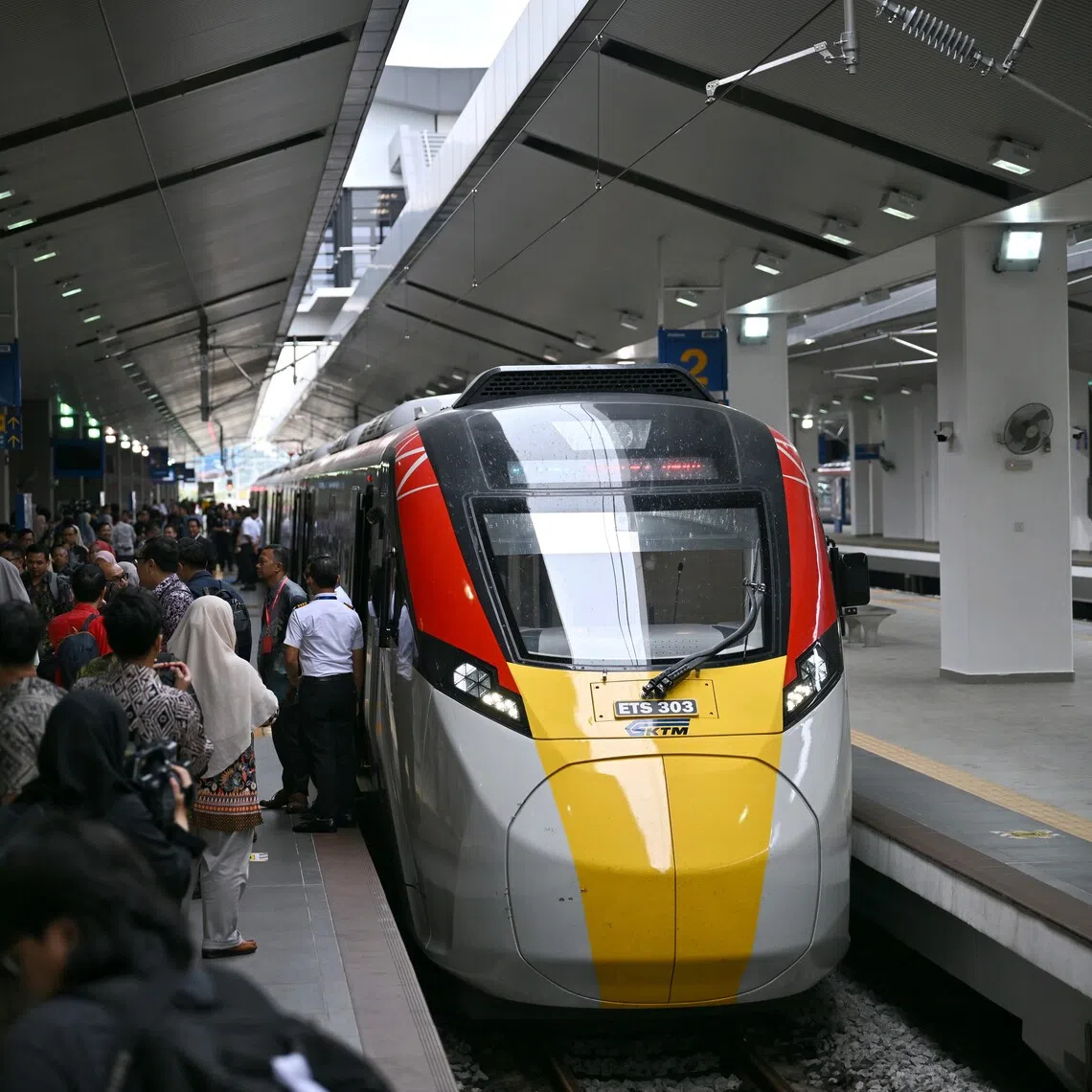 Malaysia’s new electric train service (ETS) by KTMB arriving at Kempas Baru station in Johor Bahru on Dec 11.