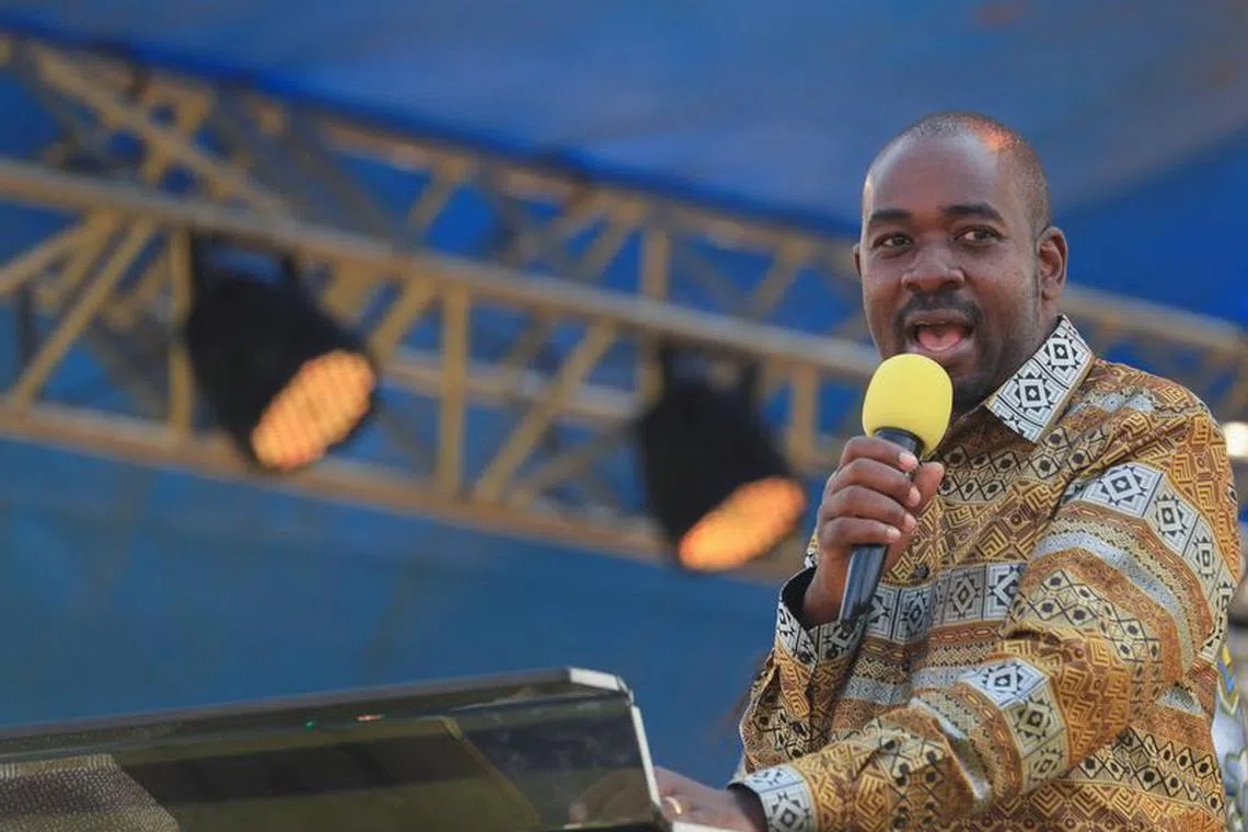 FILE PHOTO: Nelson Chamisa, Zimbabwe's main opposition leader and leader of Citizens Coalition for Change (CCC) addresses his supporters during the party's final rally ahead of the elections in Harare, Zimbabwe, August 21, 2023. REUTERS/Philimon Bulawayo/File Photo