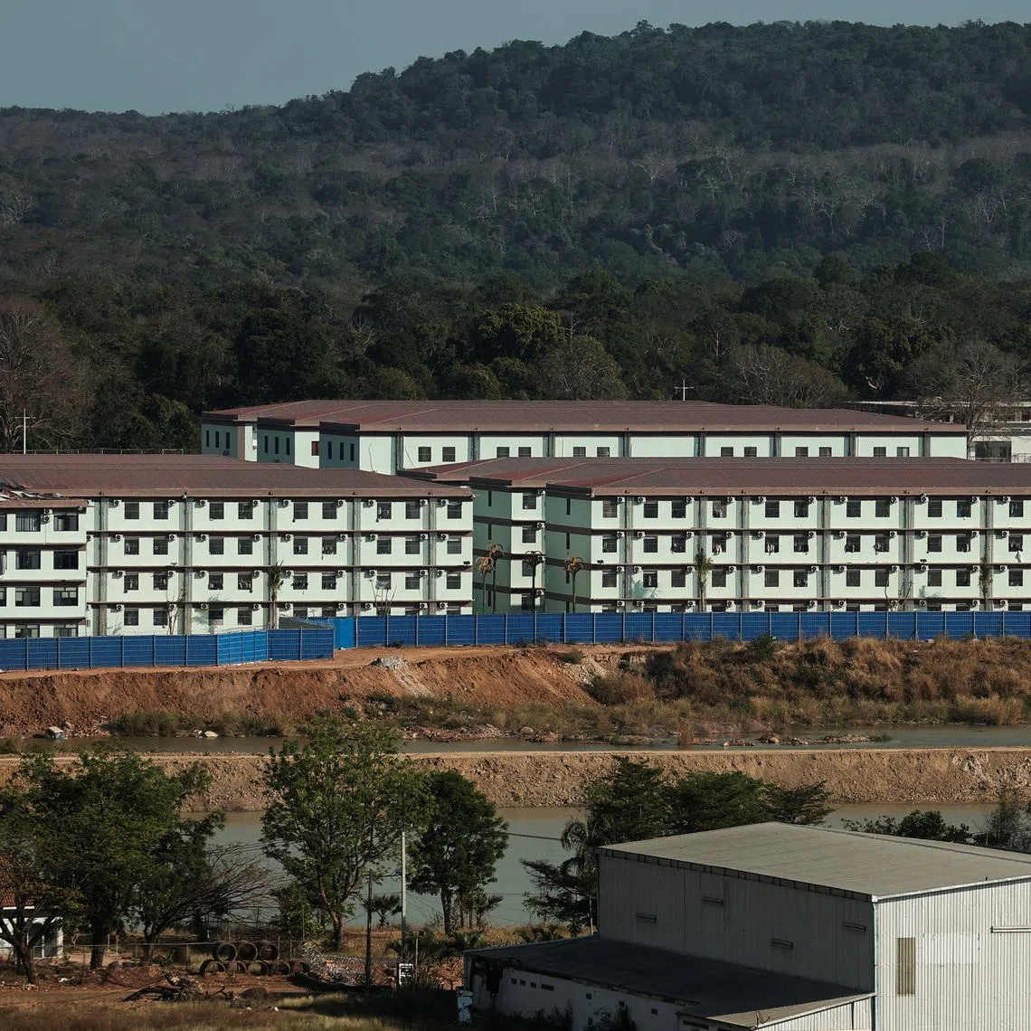 Compounds in O'Smach, including the building shown in this picture, which a Madagascan national who was trafficked into working told Reuters he escaped from, are seen at the Chong Chom-O'Smach border crossing, which was bombed and occupied by the Thai military in December following clashes between Thailand and Cambodia along a disputed border area, in Samraong, Oddar Meanchey province, Cambodia, February 2, 2026. REUTERS/Chalinee Thirasupa