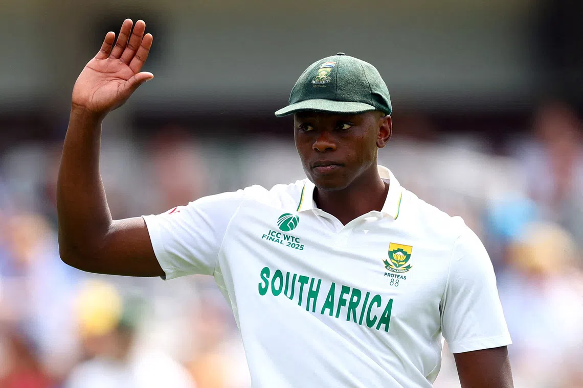 FILE PHOTO: South Africa's Kagiso Rabada in the 2025 ICC World Test Championship final against Australia in Lord's Cricket Ground, London, Britain, in June 2025. Action images via Reuters/Andrew Boyers/File Photo