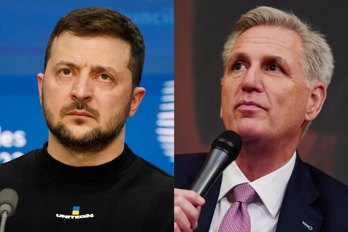 Mr Zelensky (left) suggested that Mr McCarthy visit Ukraine in a recorded interview with US broadcaster CNN.