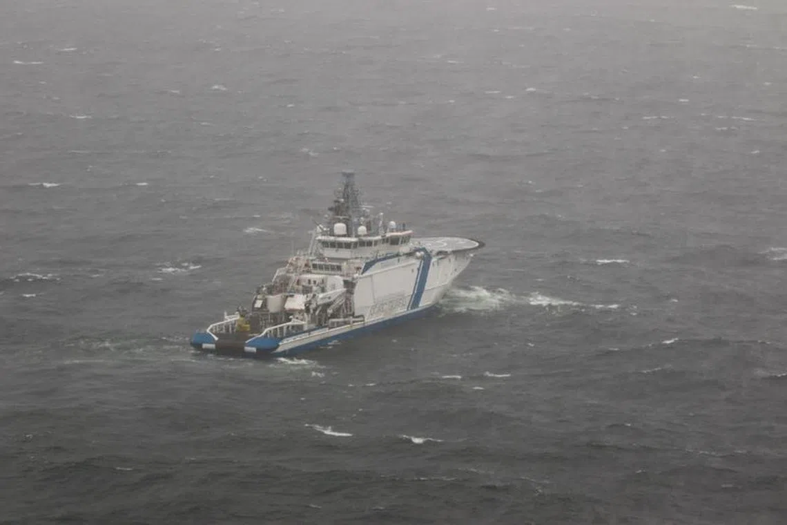 FILE PHOTO: The picture provided by The Finnish Border Guard shows Finnish Border Guard's offshore patrol vessel Turva guarding on October 11, 2023 at sea near the place where damaged Balticconnector gas pipeline is pinpointed at the Gulf of Finland. Lehtikuva/FINNISH BORDER GUARD via REUTERS/File photo
