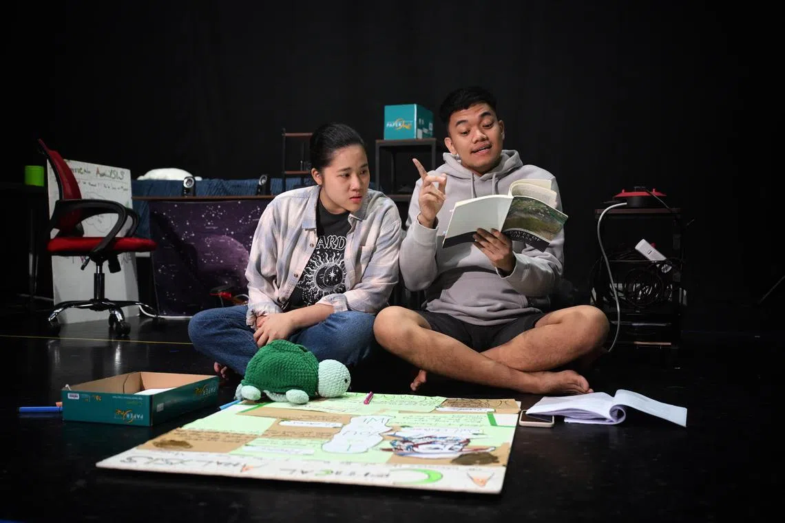 (From left) Actors Evangel Wong and Zulfiqar Izzudin during rehearsal for the play I and You, which tackles issue around human connection and youth mental health.