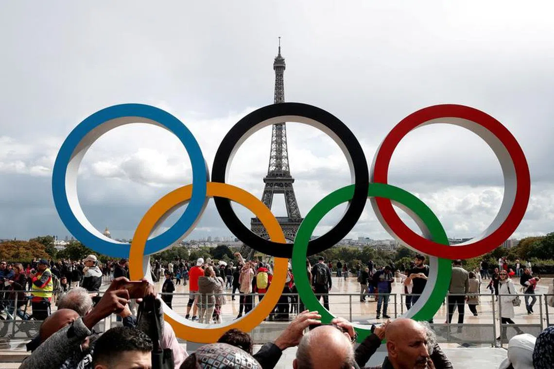 Olympic rings to celebrate the IOC official announcement that Paris won the 2024 Olympic bid are seen in front of the Eiffel Tower at the Trocadero square in Paris, France, September 16, 2017. REUTERS/Benoit Tessier/File Photo