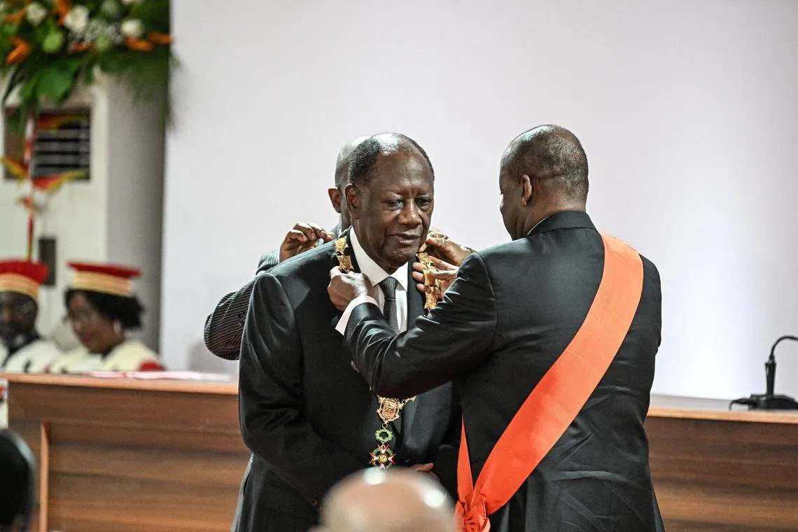 Ivory Coast President Alassane Ouattara is inaugurated at the Presidential Palace in Abidjan on December 8, 2025. SIA KAMBOU/Pool via REUTERS