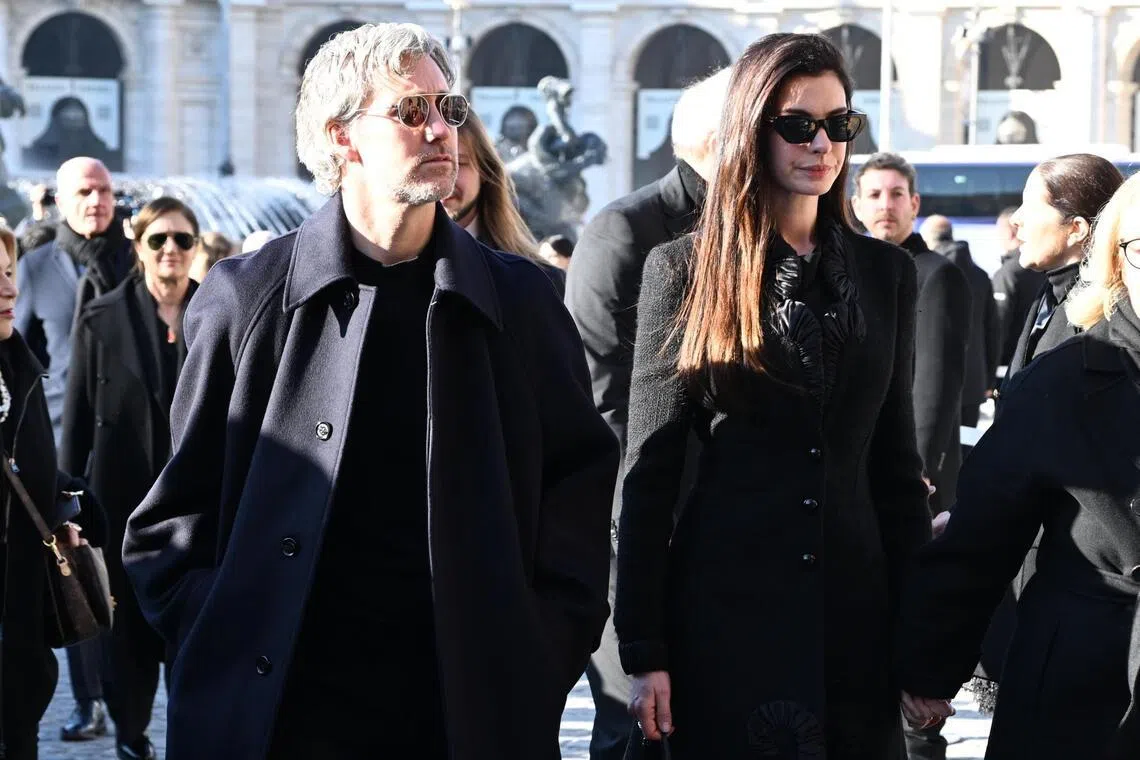 Actor Anne Hathaway and her husband Adam Shulman arrive for the funeral ceremony of fashion designer Valentino Garavani.