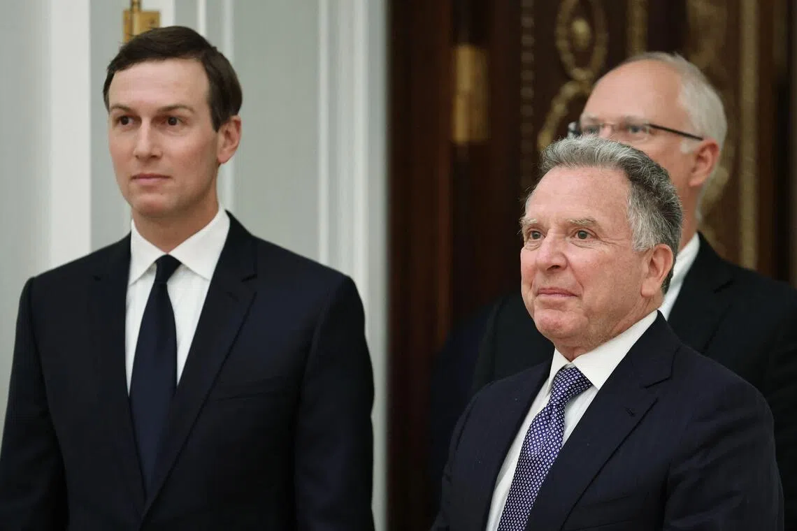 US special envoy Steve Witkoff, US President Donald Trump's son-in-law Jared Kushner and Kremlin economic envoy Kirill Dmitriev prior to a meeting with Russia's President at the Kremlin in Moscow on Dec 2, 2025. 