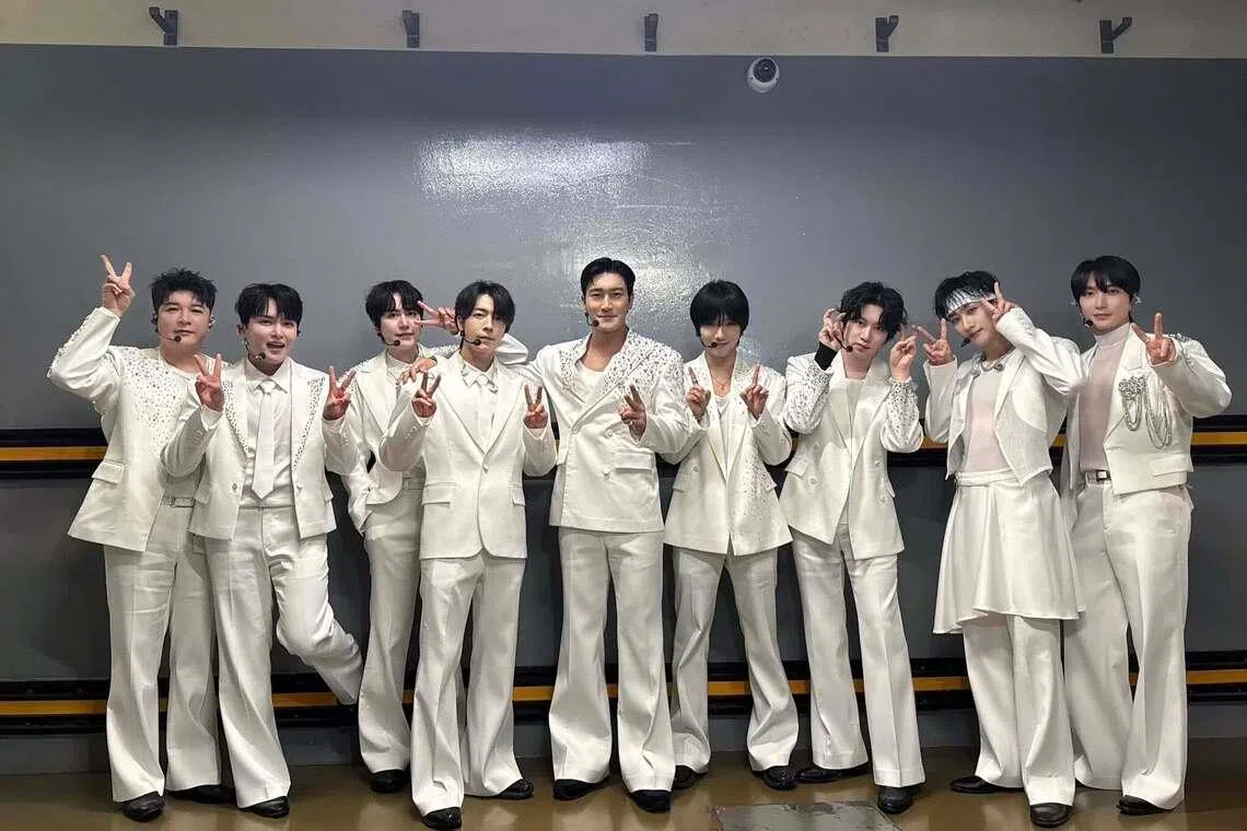 Nine members of K-pop boy band Super Junior - (from left) Shindong, Ryeowook, Kyuhyun, Donghae, Siwon, Yesung, Heechul, Eunhyuk and Leeteuk before one of their Singapore Indoor Stadium shows in January 2026.