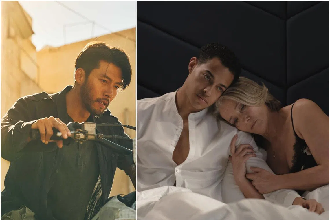 (From left) Hyun Bin in The Point Men and Daryl McCormack and Emma Thompson in Good Luck To You, Leo Grande. 