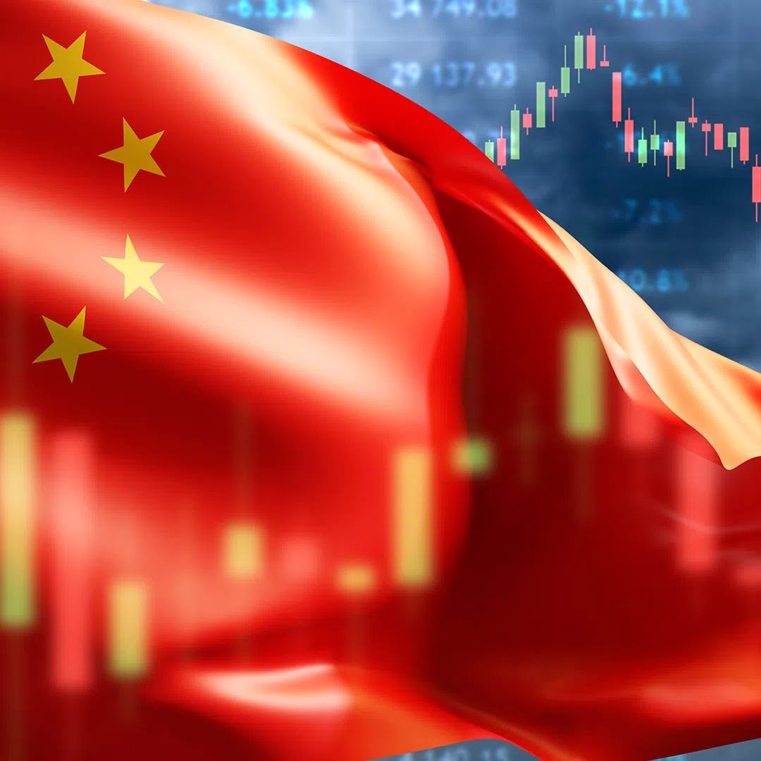 A photo of China flag with the economic or stock market.