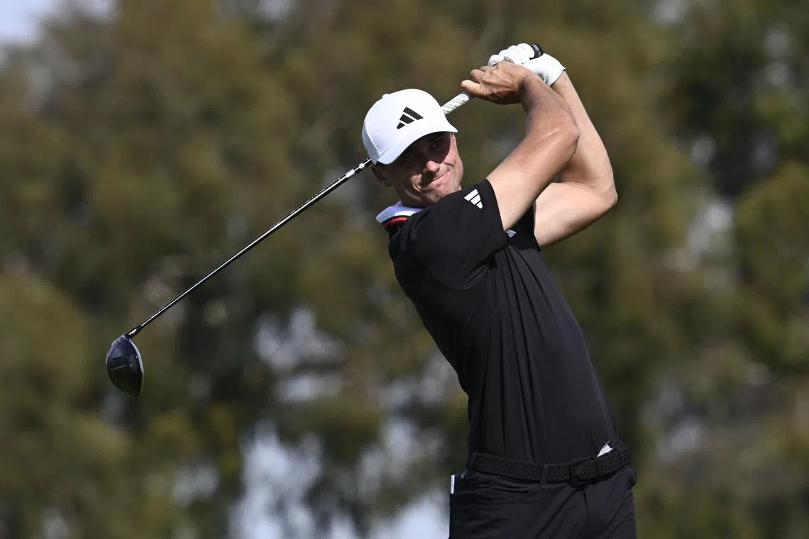 FILE PHOTO:Feb 16, 2025; San Diego, California, USA; Ludvig Aberg hits his tee shot on the second hole during the final round of The Genesis Invitational golf tournament at Torrey Pines. Mandatory Credit: Denis Poroy-Imagn Images/File Photo