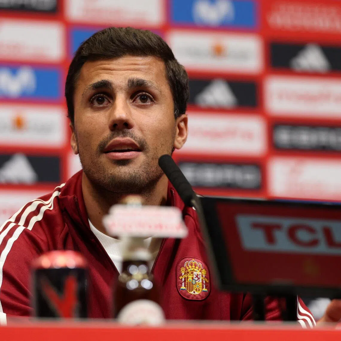 Spain’s Rodri taking part in a press conference in London on Sept 25, ahead of Spain’s Sept 26 Nations League match against England.
