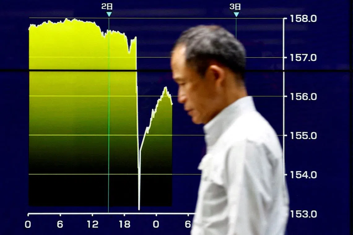 A man walks by an electronic screen displaying a graph showing Japanese Yen exchange rates against the US dollar in Tokyo, on May 2.