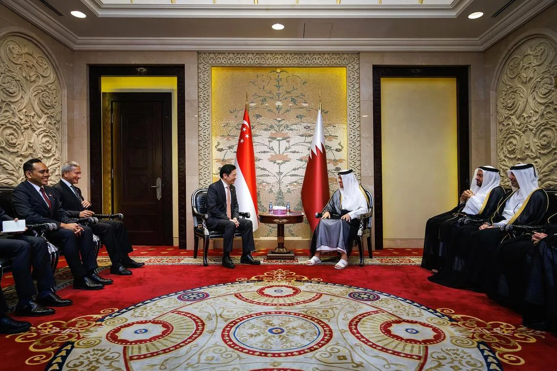 wyreception19 - Prime Minister Lawrence Wong (left) and a Singapore delegation including Foreign Minister Vivian Balakrishnan (centre) meeting with Qatar's Prime Minister and Minister of Foreign Affairs, Sheikh Mohammed bin Abdulrahman bin Jassim Al Thani in Doha on Oct 18. Photo: MDDI