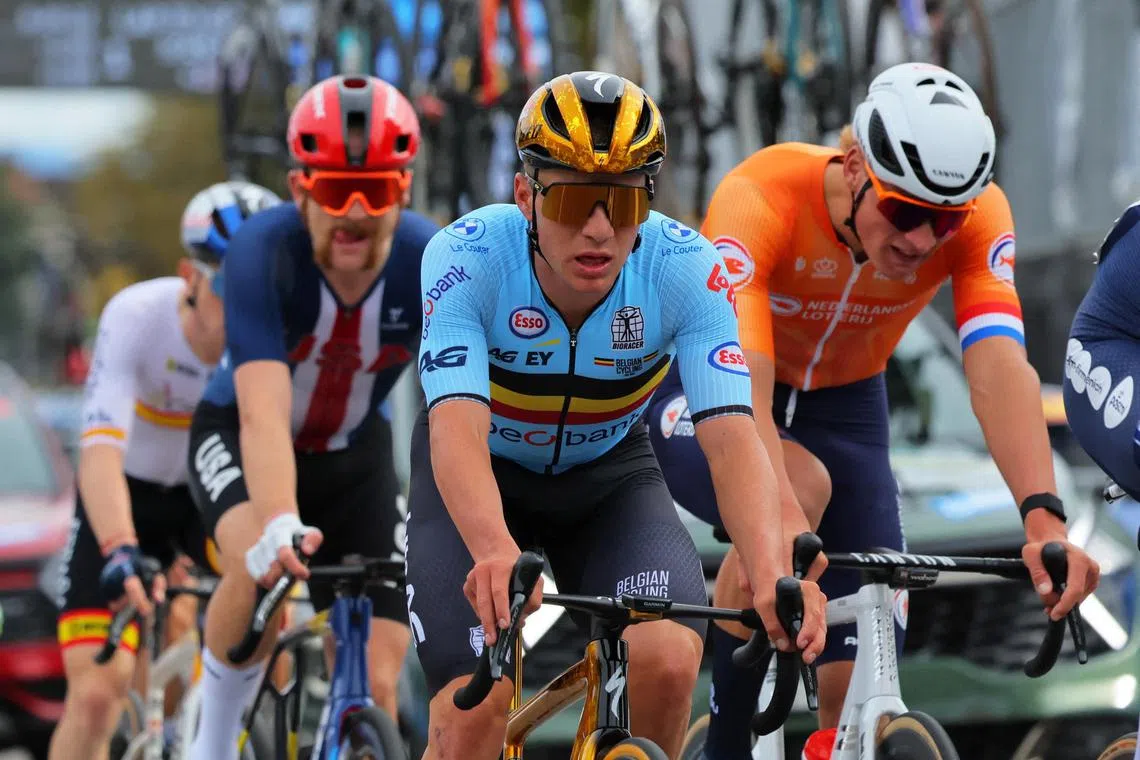 Belgium's Remco Evenepoel in action with Netherlands' Mathieu van der Poel during the 2024 World Championships.