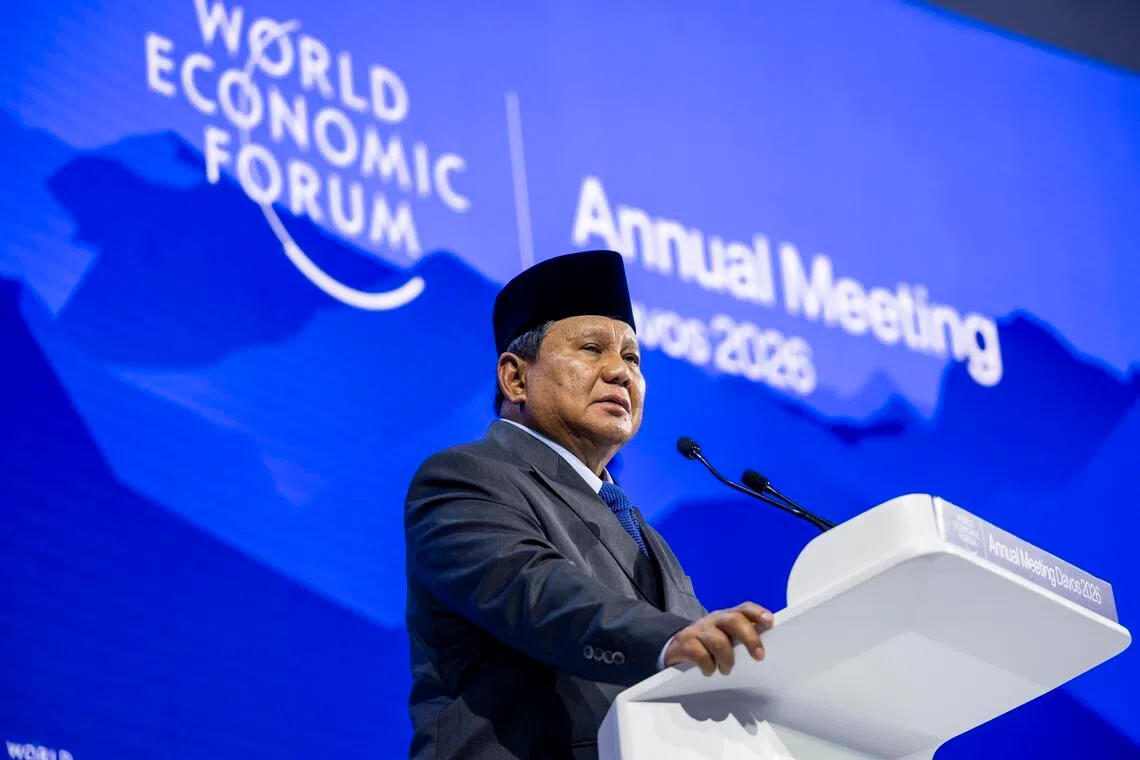 Indonesian President Prabowo Subianto speaking during a panel discussion at the World Economic Forum in Davos, Switzerland, on Jan 22.