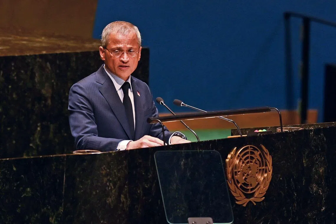Singapore's Ambassador to the UN Burhan Gafoor speaks during the 10th Emergency Special Session 39th plenary meeting on the Israeli-Palestinian conflict at the United Nations, in New York, on Oct 27, 2023. 