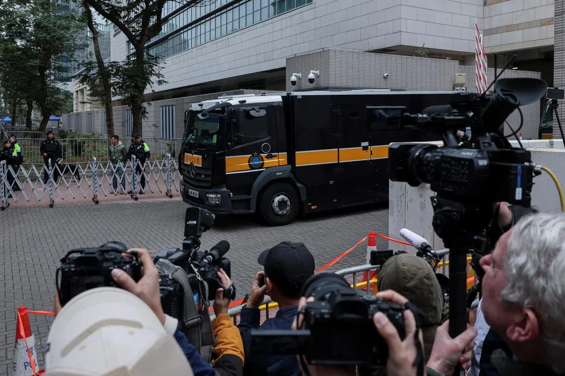 A prison van believed to be carrying Jimmy Lai, founder of the now-defunct pro-democracy newspaper Apple Daily, leaves the West Kowloon Magistrates' Courts building following sentencing in his national security collusion trial, in Hong Kong, China, February 9, 2026. REUTERS/Tyrone Siu
