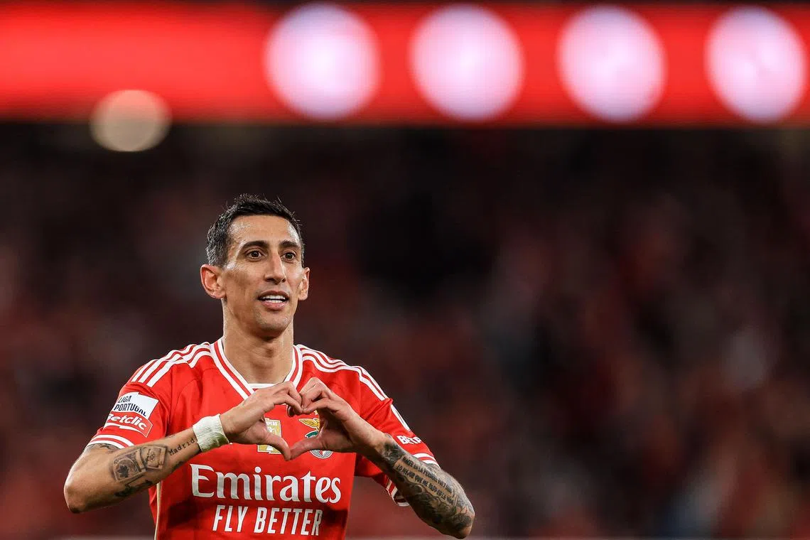 (FILES) Benfica's Argentine forward #11 Angel Di Maria celebrates after scoring during the Portuguese League football match between SL Benfica and Portimonense SC at the Luz stadium in Lisbon, on February 25, 2024. Di Maria, who has an outstanding career with European giants, is returning to Argentina at the age of 37 to play for Rosario Central, the club where he began his career, the club confirmed on May 29, 2025. (Photo by PATRICIA DE MELO MOREIRA / AFP)