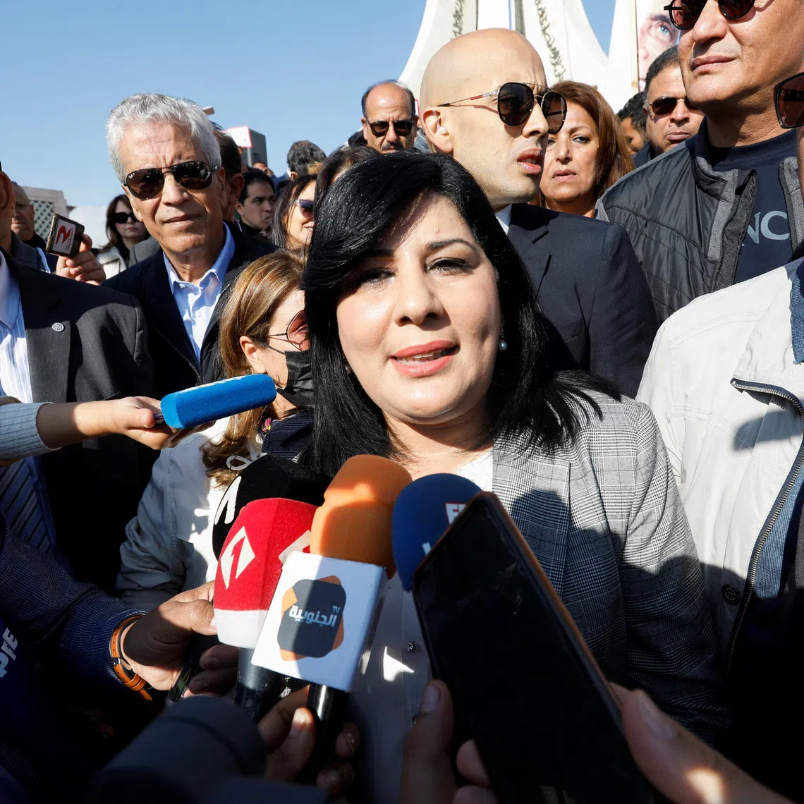 President of Tunisia's Free Destourian Party Abir Moussi speaks to the media during a protest demanding the dissolution of parliament and asking for early legislative elections, in Tunis, Tunisia November 20, 2021. REUTERS/Zoubeir Souissi