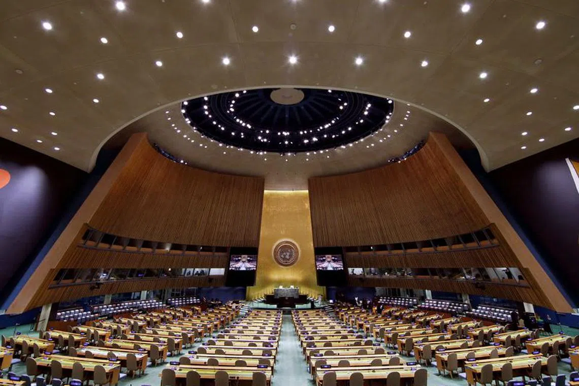 FILE PHOTO: The UN General Assembly Hall is empty before the start of the SDG Moment event as part of the UN General Assembly 76th session General Debate at United Nations Headquarters, in New York, U.S., September 20, 2021. John Angelillo/Pool via REUTERS