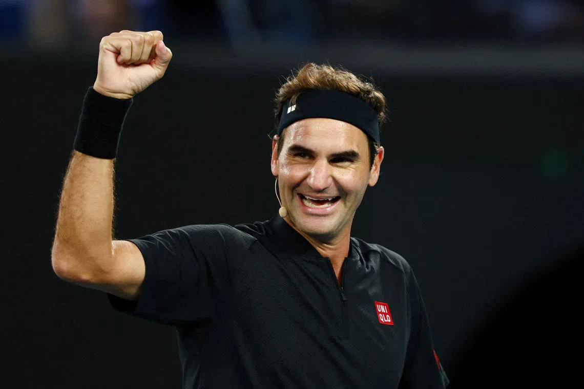 Tennis legend Roger Federer reacts during an exhibition match at the Australian Open in January 2026.