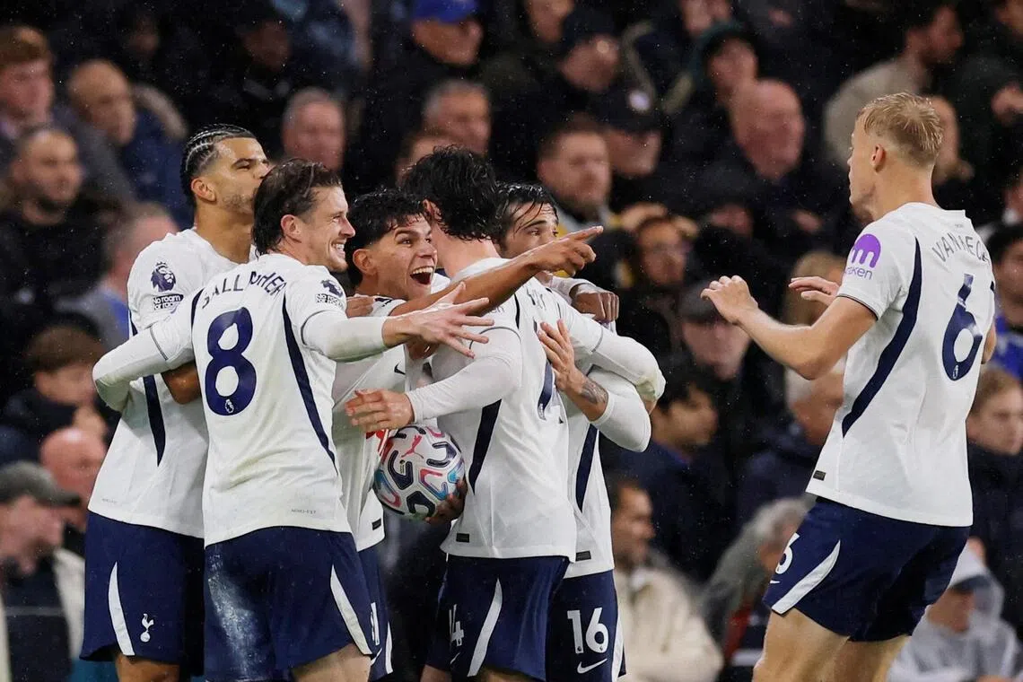 Tottenham Hotspur players celebrating their first goal on Oct 24, an own goal by Chelsea’s Mike Penders.