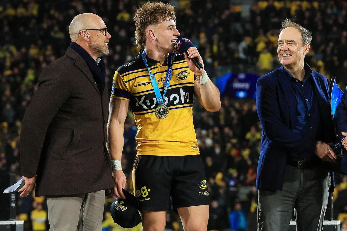 Hurricanes' Ruben Love speaks after receiving the Player of the Match medal following his team's victory in the Super Rugby Pacific final match between the Wellington Hurricanes and Waikato Chiefs in Wellington on June 20, 2026. (Photo by Grant Down / AFP)