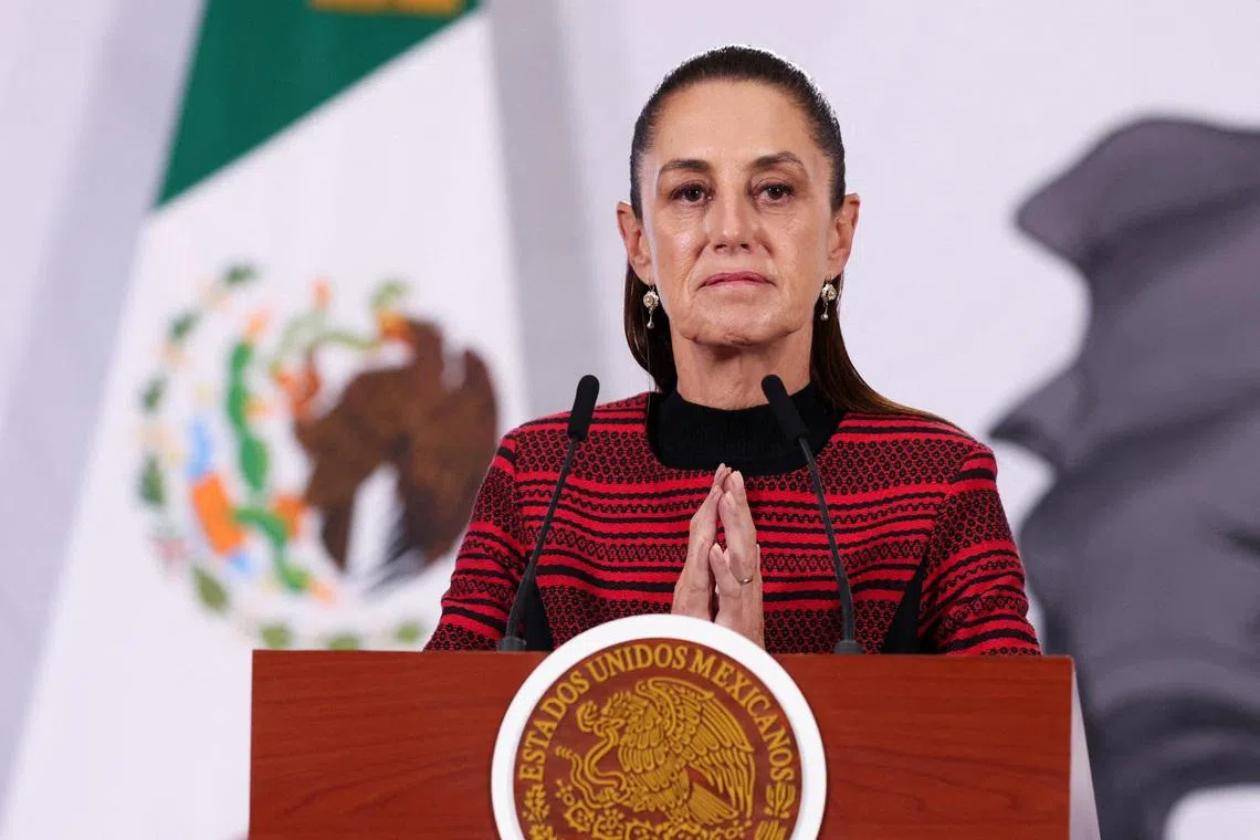 FILE PHOTO: Mexico's President Claudia Sheinbaum addresses the media in her daily press conference saying that her government was \"going to take greater measures\" following the death last week of a Mexican being held at a federal immigrant detention center in the U.S., in Mexico City, Mexico March 30, 2026. REUTERS/Quetzalli Nicte-Ha/File Photo