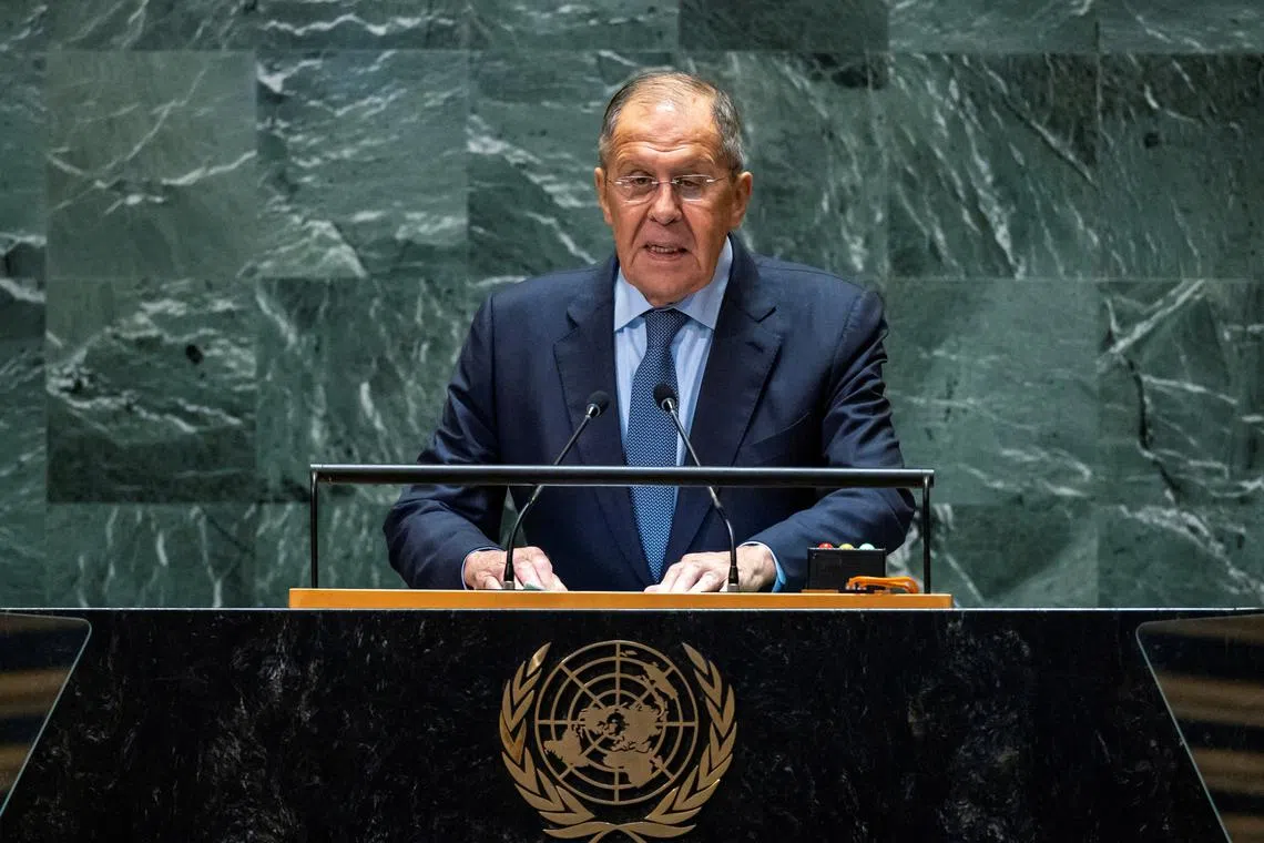 FILE PHOTO: Russian Foreign Minister Sergei Lavrov addresses the 79th United Nations General Assembly at U.N. headquarters in New York, U.S., September 28, 2024.  REUTERS/Eduardo Munoz/File Photo