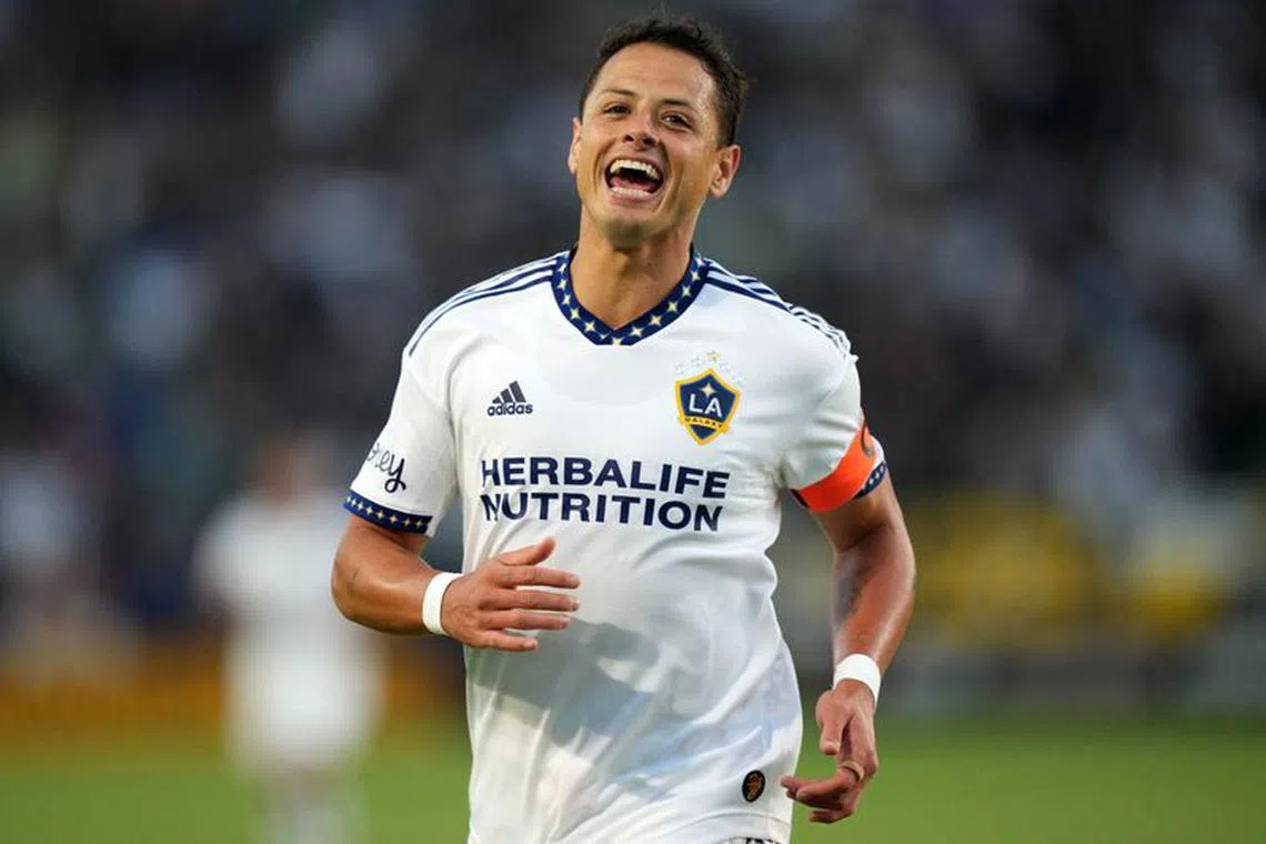 Jul 4, 2022; Carson, California, USA; LA Galaxy forward Javier Hernandez (14) aka Chicharito celebrates after scoring a goal against the CF Montreal in the first half at Dignity Health Sports Park. Mandatory Credit: Kirby Lee-USA TODAY Sports/File photo