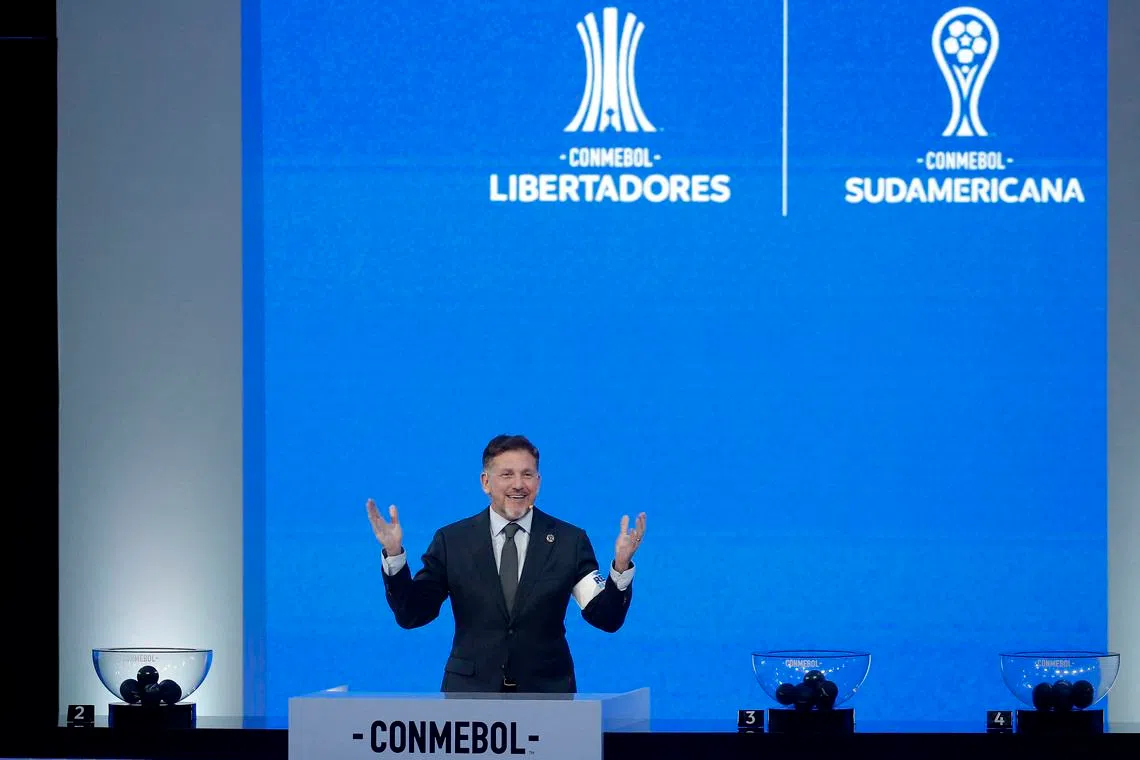 Soccer Football - Copa Libertadores - Group Stage Draw - CONMEBOL Convention Centre, Luque, Paraguay - March 19, 2026 CONMEBOL President Alejandro Dominguez during the draw REUTERS/Cesar Olmedo