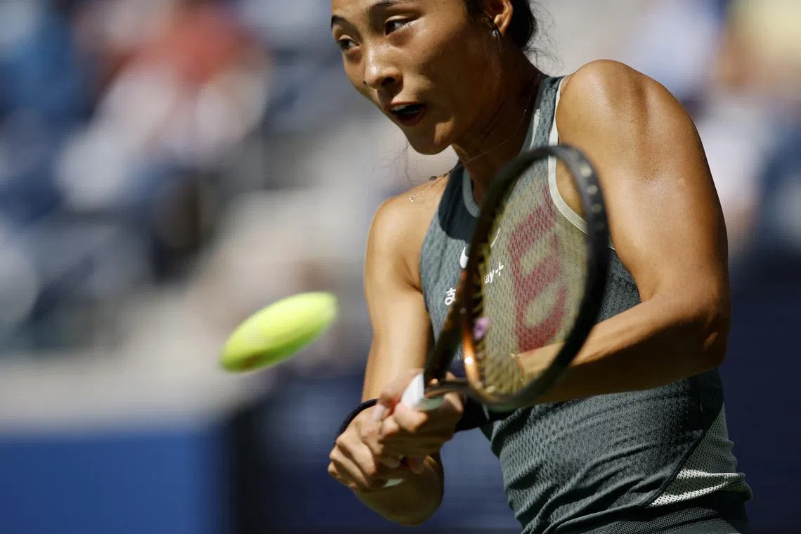 FILE PHOTO: Tennis - U.S. Open - Flushing Meadows, New York, United States - August 26, 2024 China's Qinwen Zheng in action during her first round match against Amanda Anisimova of the U.S. REUTERS/Eduardo Munoz/File Photo