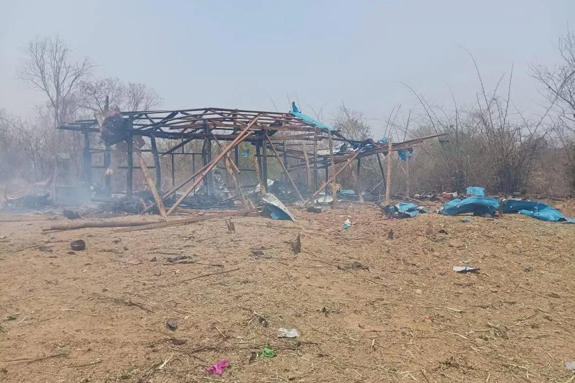 epa10569248 A handout photo made available by Myaelatt Athan local news agency shows debris and a damaged structure after an airstrike by the Myanmar military on Pa Zi Gyi village, Kantbalu township, Sagaing region, Myanmar, 11 April 2023 (issued 12 April 2023). Myanmar's military, or Tatmadaw, confirmed in a statement launching an air strike on the base of the PDF and National Unity Government (NUG) near Pa Zi Gyi village. The NUG said that about 100 people, including children and women, were killed in the attack.  EPA-EFE/MYAELATT ATHAN MEDIA HANDOUT -- BEST QUALITY AVAILABLE -- HANDOUT EDITORIAL USE ONLY/NO SALES
