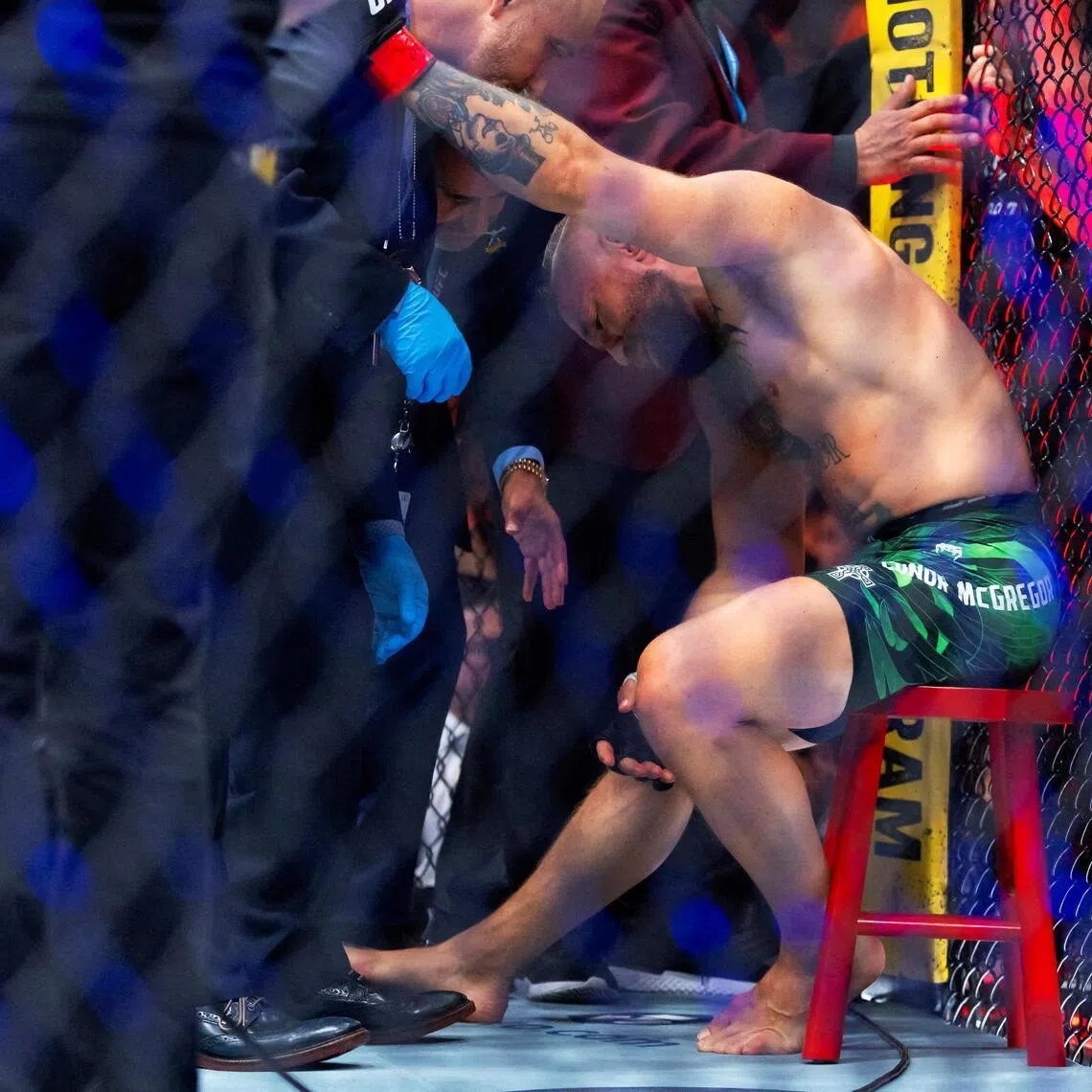 Conor McGregor after suffering a knee injury the ended his fight with Max Holloway during UFC 329 at T-Mobile Arena on July 11.