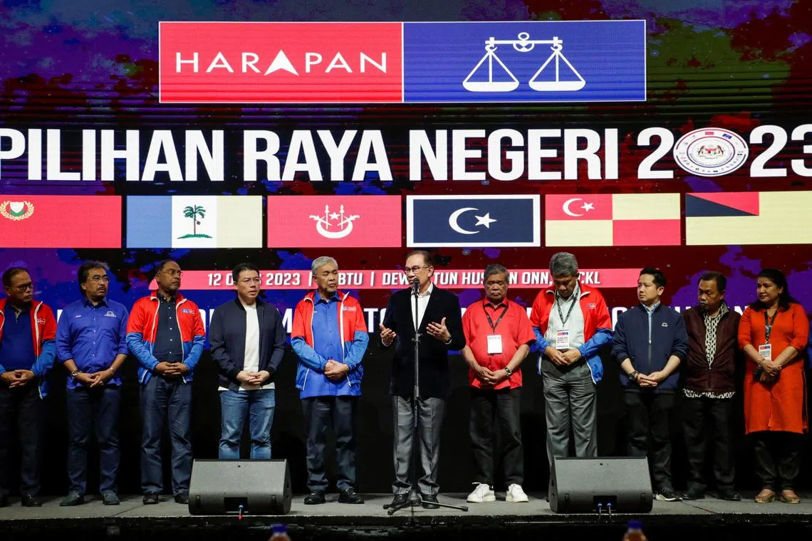 Malaysian PM Anwar Ibrahim speaking at a press conference in Kuala Lumpur after the release of the state election results on Aug 12.