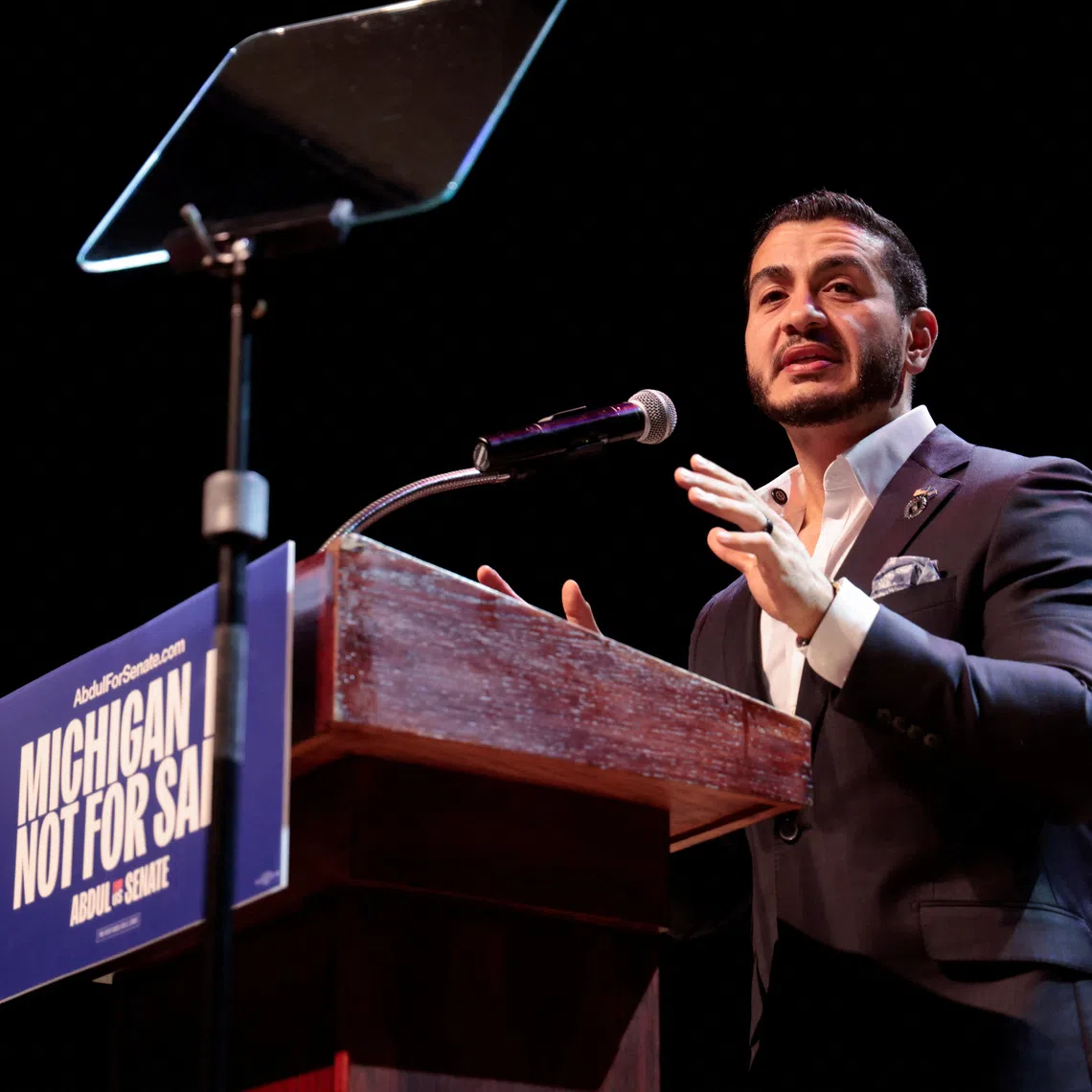 U.S. Senate Democratic candidate Abdul El-Sayed speaks on stage, with vote counting continuing for Michigan's Democratic U.S. Senate primary, during an election night rally in Detroit, Michigan, U.S., August 5, 2026. REUTERS/Rebecca Cook