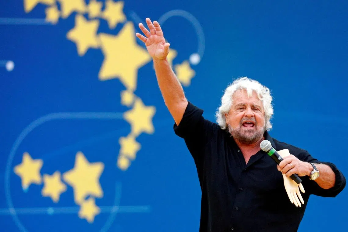 FILE PHOTO: Founder Beppe Grillo speaks at the 5-Star Movement party's open-air rally at Circo Massimo in Rome, Italy, October 21, 2018. REUTERS/Max Rossi/File Photo