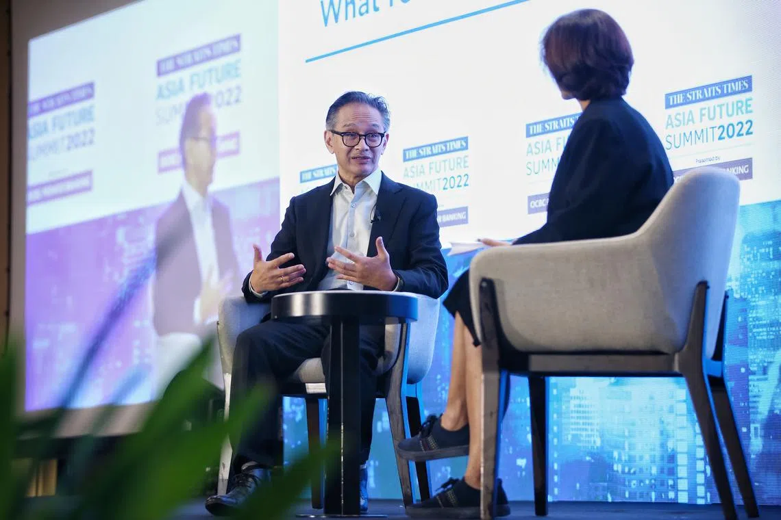 Former Indonesian Minister Marty Natalegawa speaks with ST Foreign Editor Bhagyashree Garekar during the session “What Role for Asean in a More Fraught World?” at The ST Asia Future Summit at Raffles City Convention Centre on Nov 1, 2022.