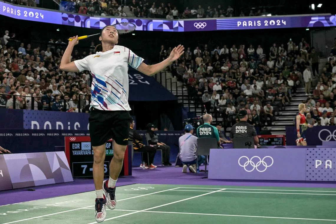 Singapore's Yeo Jia Min in action against  Dorsa Yavarivafa of the Olympic Refugee team in the badminton women's singles Group I. 