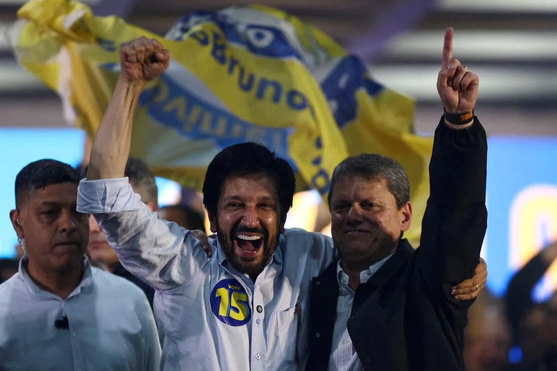 Sao Paulo center-right Mayor Ricardo Nunes celebrates his re-election during the municipal elections in Sao Paulo, Brazil, October 27, 2024. REUTERS/Carla Carniel/File Photo