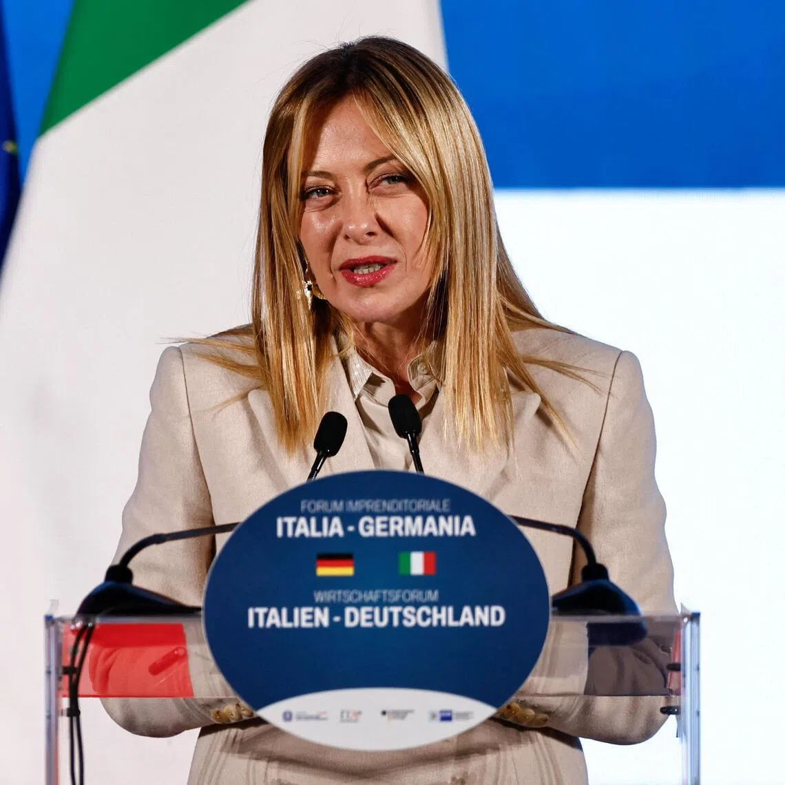 Italian Prime Minister Giorgia Meloni speaking during a press conference with German Chancellor Friedrich Merz on Jan 23 in Rome, Italy.