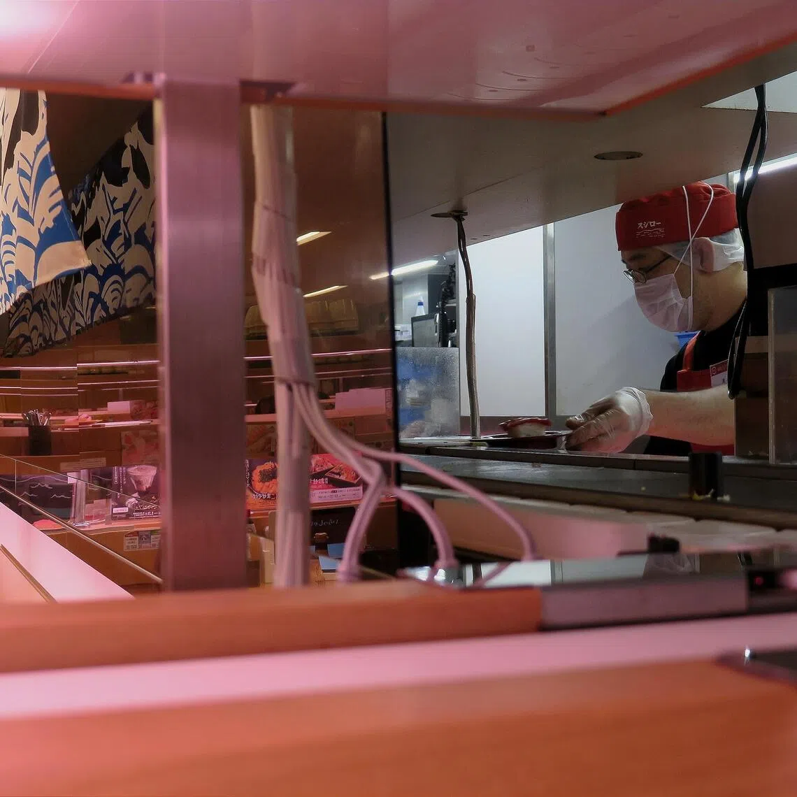 At certain Japanese restaurants, food is served on a conveyor belt.
