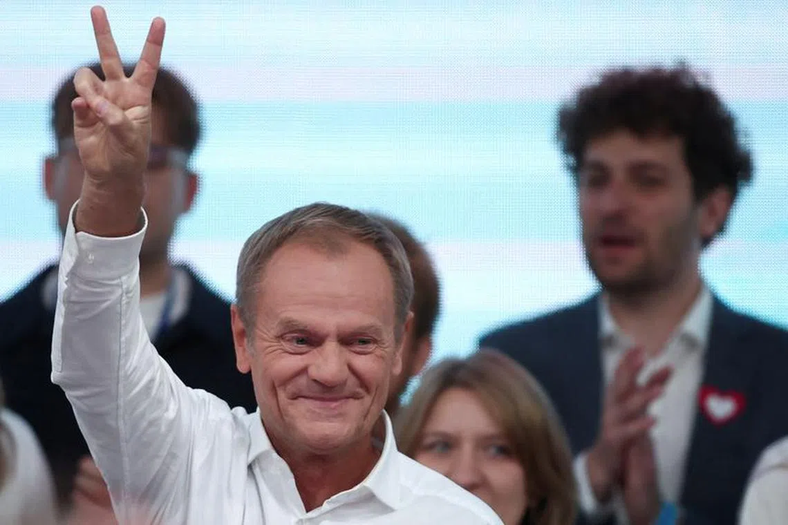 FILE PHOTO: Donald Tusk, leader of the largest opposition grouping Civic Coalition (KO), gestures after the exit poll results are announced in Warsaw, Poland, October 15, 2023. REUTERS/Kacper Pempel/File Photo