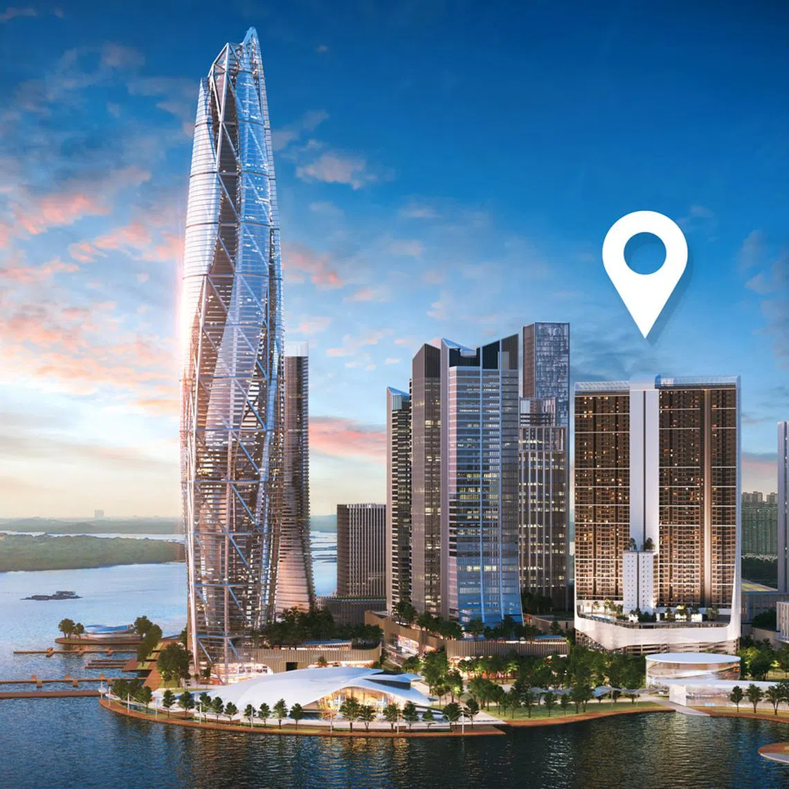 Artist's impression of Skypark Kepler's dual 54-storey towers (pictured, right) among other new developments in Johor Bahru's Lido Waterfront Boulevard townhip. 