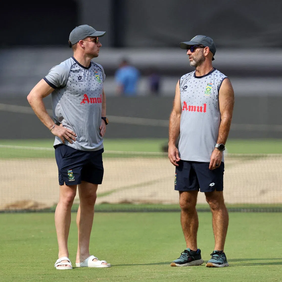 Cricket - ICC Cricket World Cup 2023 - South Africa Practice - Narendra Modi Stadium, Ahmedabad, India - November 9, 2023 South Africa head coach Rob Walter and David Miller during practice REUTERS/Amit Dave
