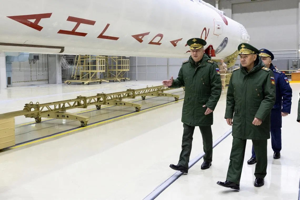 FILE PHOTO: Russian Defence Minister Sergei Shoigu inspects the progress of construction and modernisation of infrastructure facilities at the Plesetsk cosmodrome in Arkhangelsk region, Russia, in this picture released April 24, 2024. Russian Defence Ministry/Handout via REUTERS/File Photo