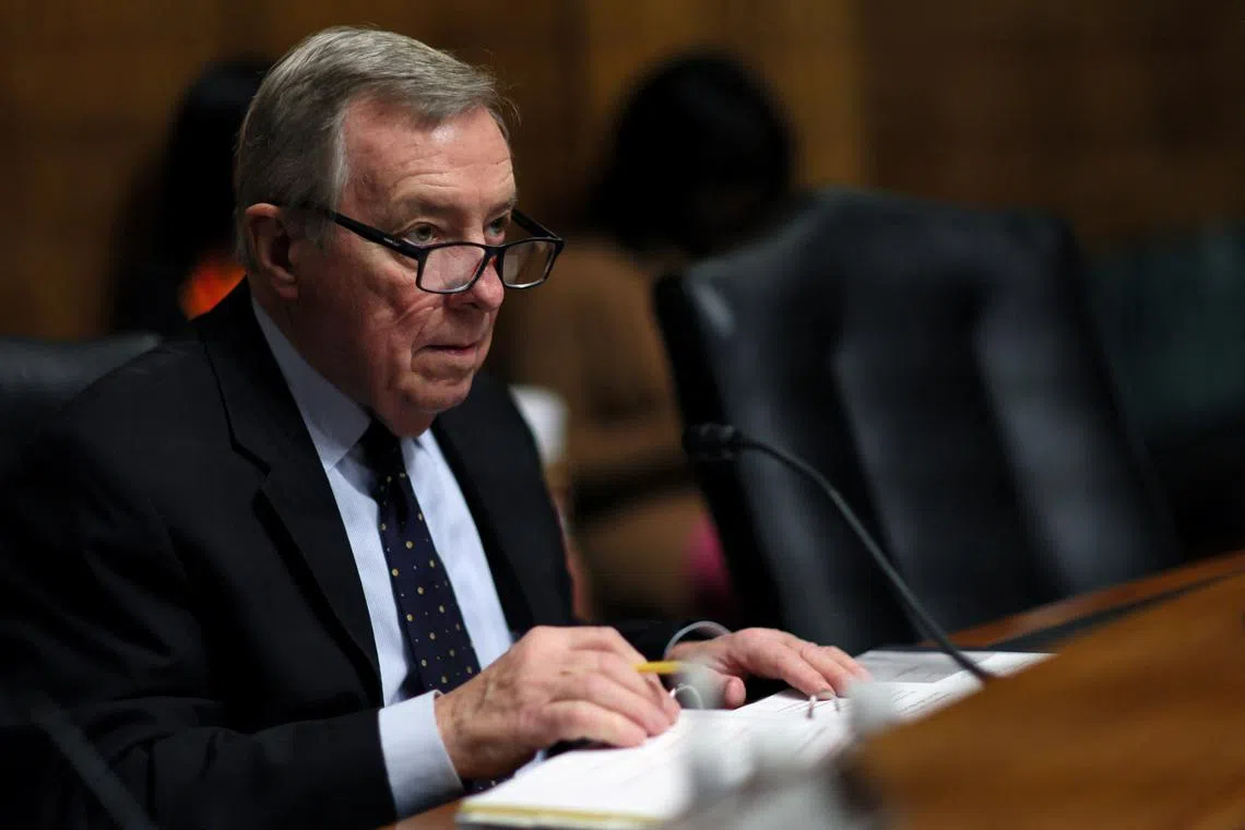 FILE PHOTO: U.S. Senate Judiciary Committee Chairman Dick Durbin takes part in the U.S. Senate Judiciary Committee hearing on President Joe Biden's judicial nominees on Capitol Hill in Washington, U.S., January 25, 2023. REUTERS/Leah Millis/File Photo