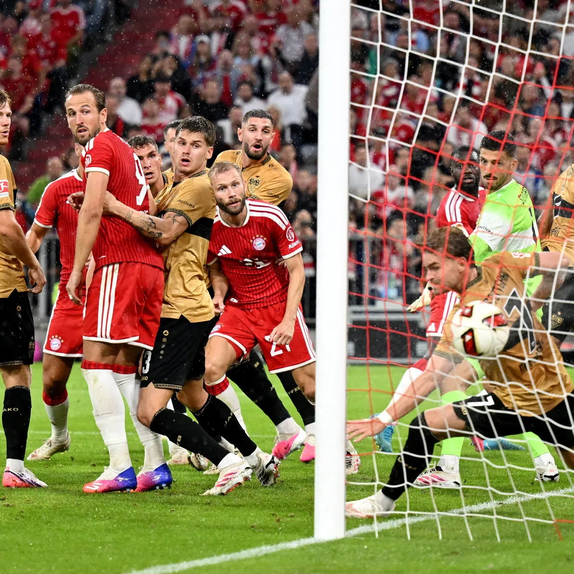 Soccer Football - Bundesliga - Bayern Munich v VfB Stuttgart - Allianz Arena, Munich, Germany - August 28, 2026  Bayern Munich's Dayot Upamecano scores their first goal REUTERS/Angelika Warmuth